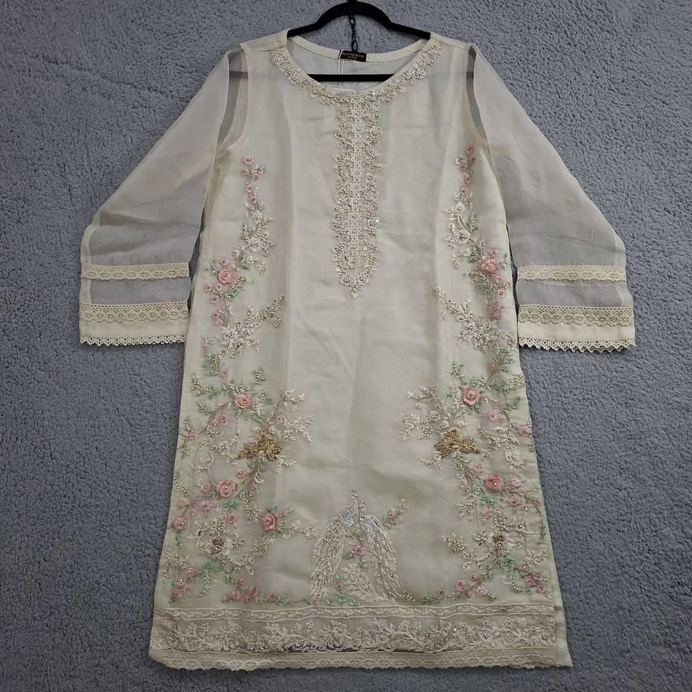 Agha Noor Dress M Sheer Ivory Pakistani Tunic Floral Beaded Embroidered Formal